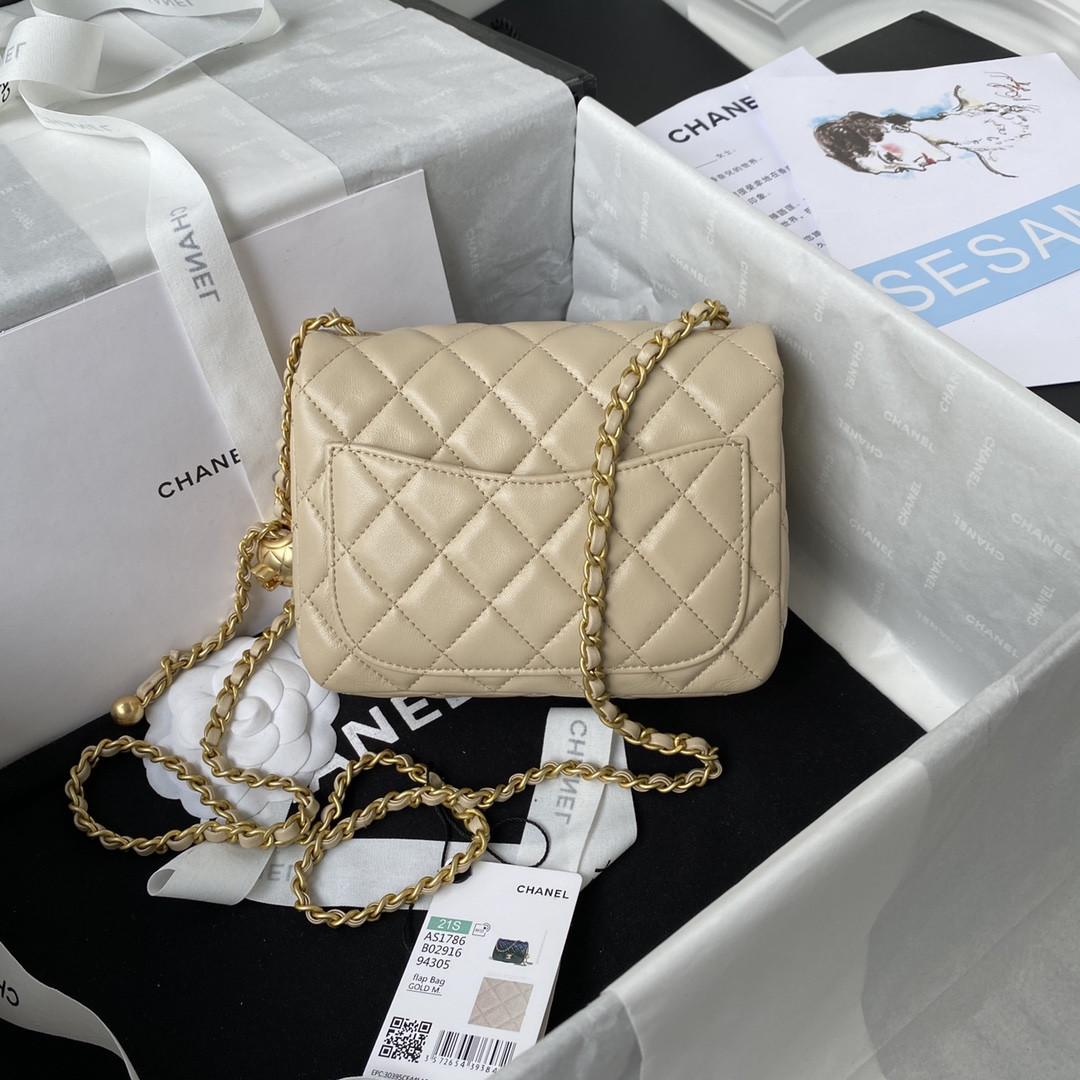 Ch*el mini flap bag shiny calfskin & gold-tone metal beige 5.3 × 6.6 × 3.1 in