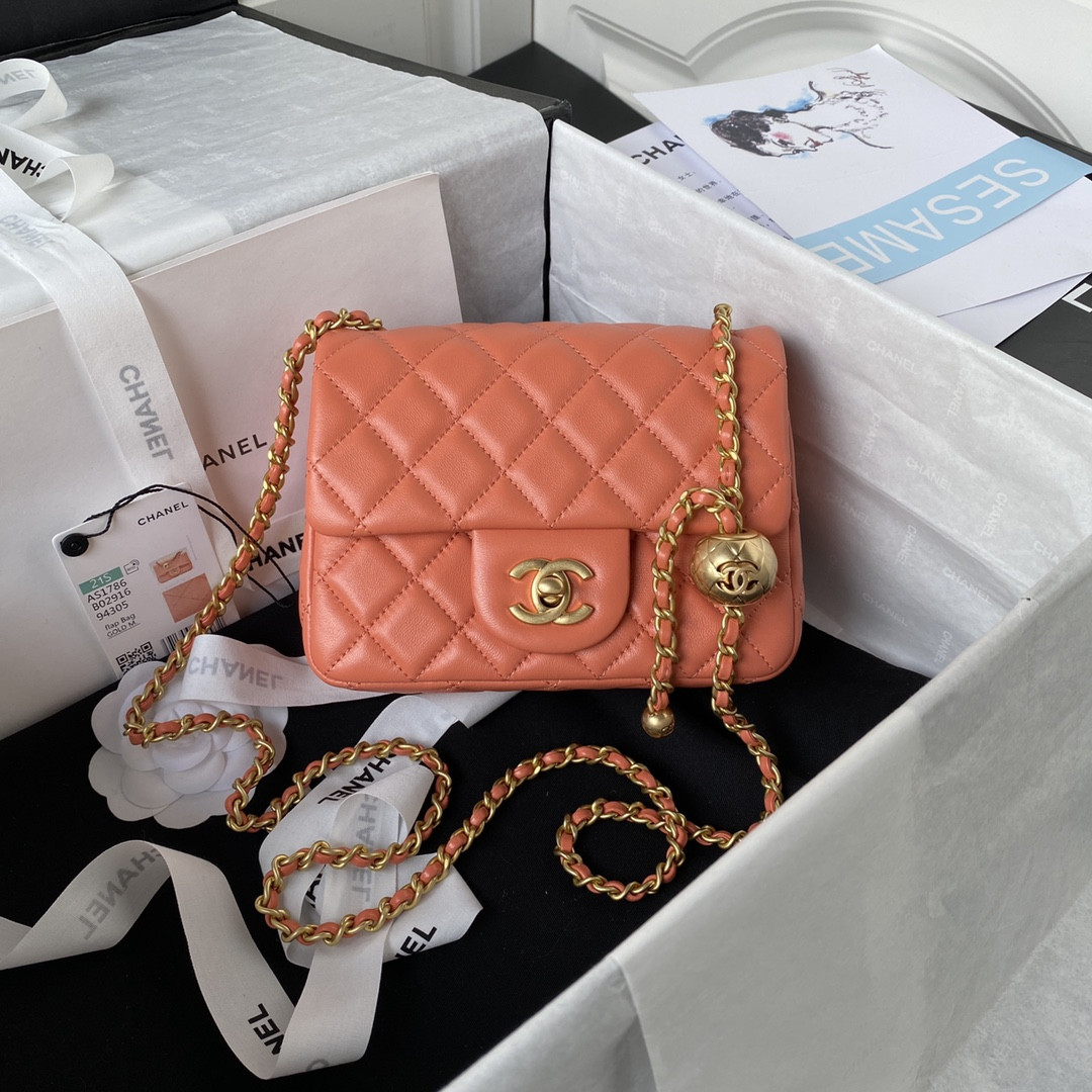 Ch*el mini flap bag shiny calfskin & gold-tone metal orange 5.3 × 6.6 × 3.1 in