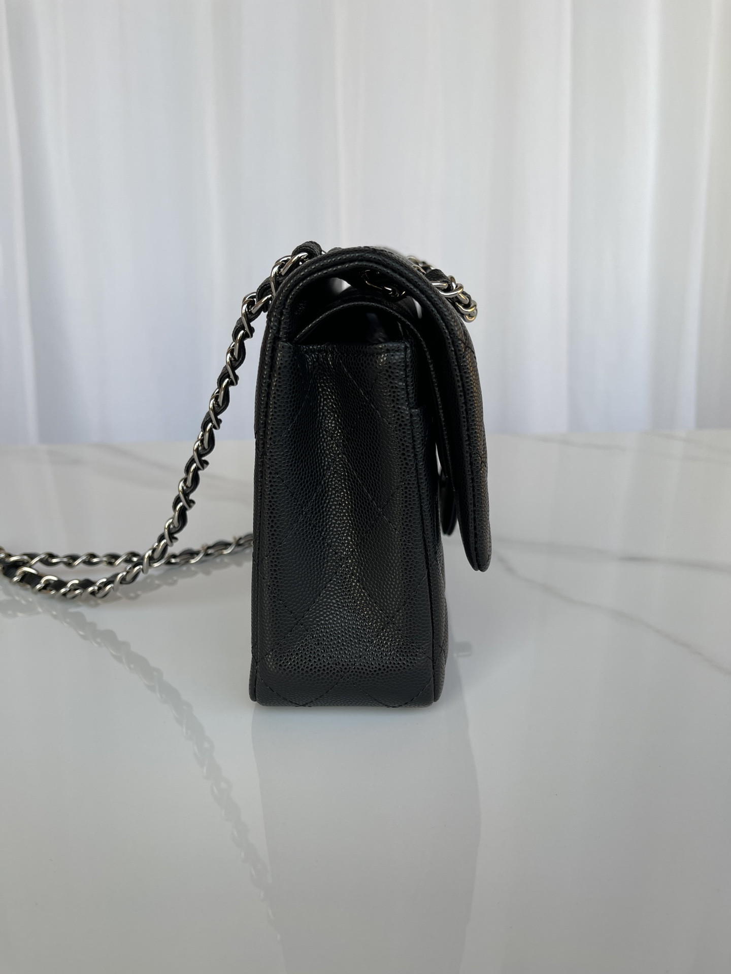 Ch*el classic handbag grained calfskin 6 × 9.9 × 2.5 in