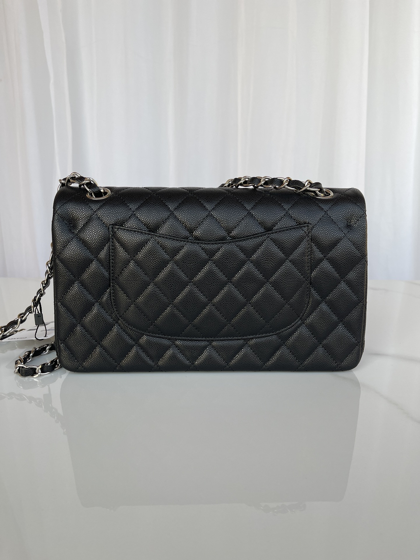 Ch*el classic handbag grained calfskin 6 × 9.9 × 2.5 in