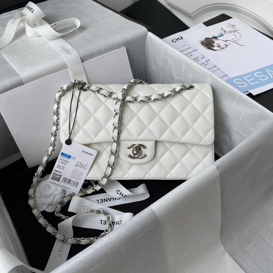 Ch*el small classic handbag grained calfskin & silver-tone metal white 5.7 × 9 × 2.3 in