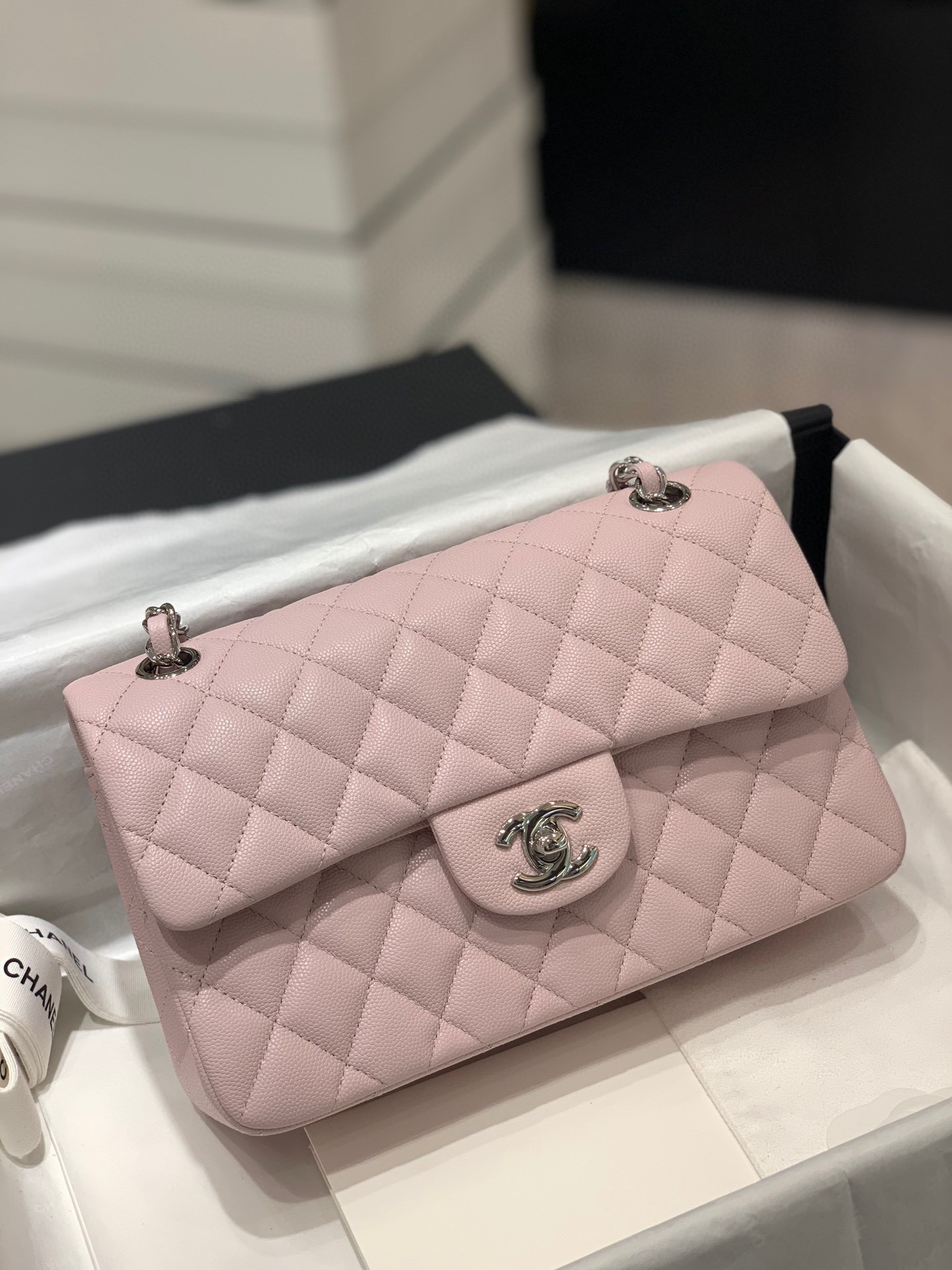 Ch*el classic handbag grained calfskin & silver-tone metal pink 6 × 9.9 × 2.5 in