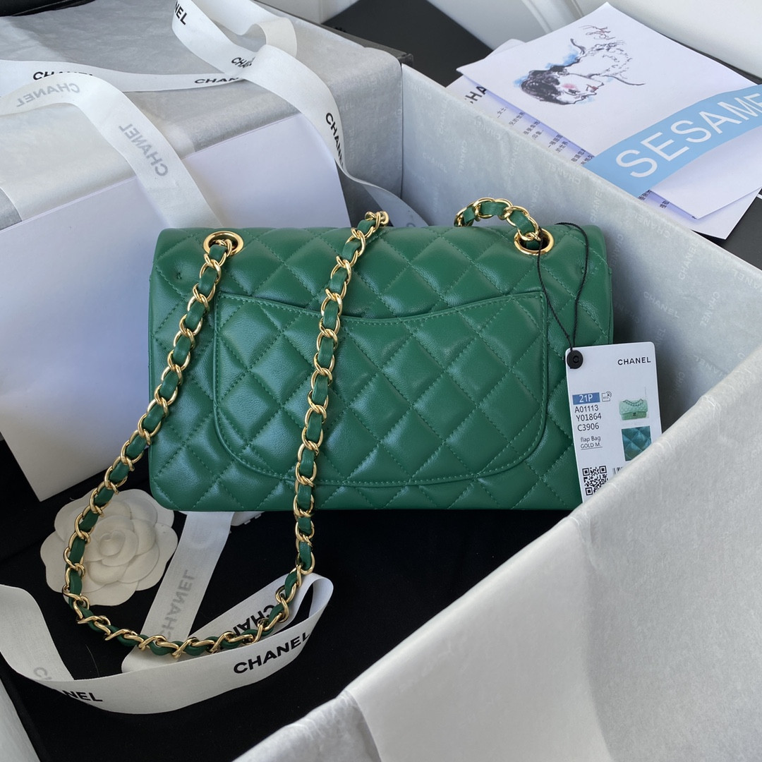 Ch*el small classic handbag grained shiny calfskin & gold-tone metal green 5.7 × 9 × 2.3 in