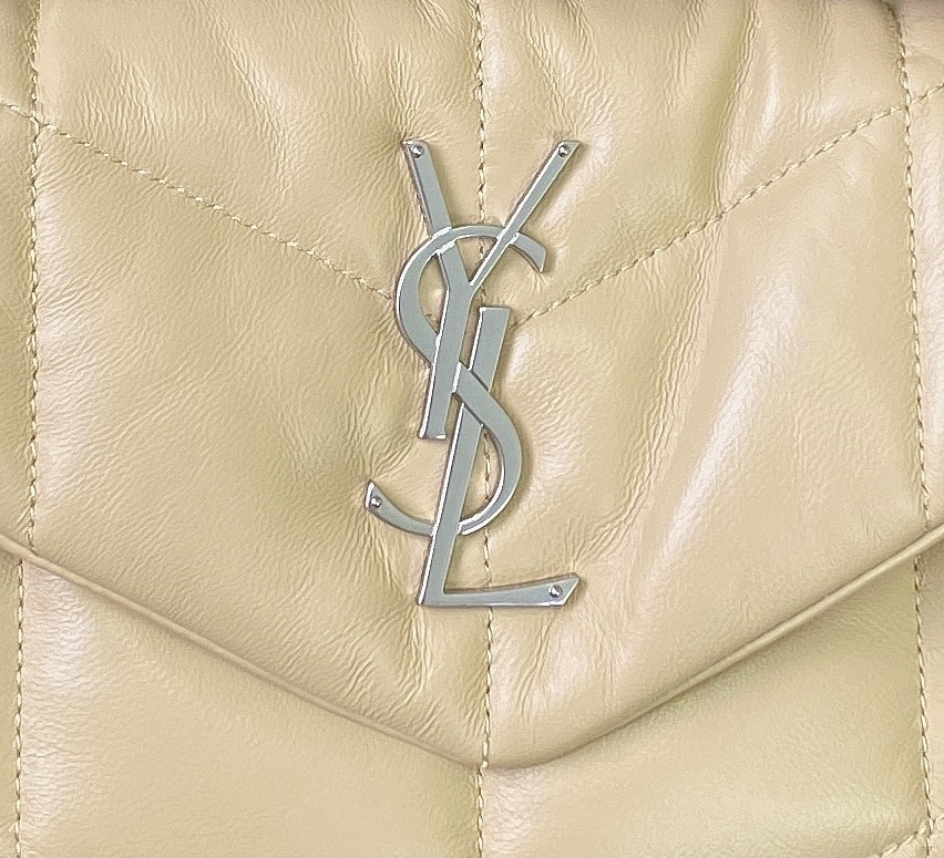Y*L puffer small in nappa leather beige silver 11.4 x 6.6 x 4.3 inches