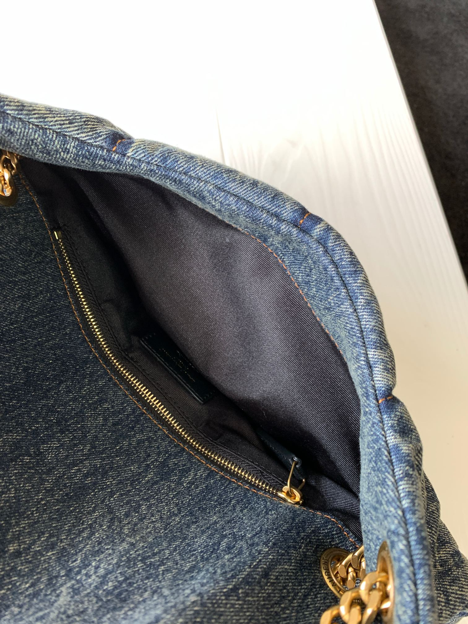 Y*L puffer small in suede and denim light blue 11.4 x 6.6 x 4.3 inches