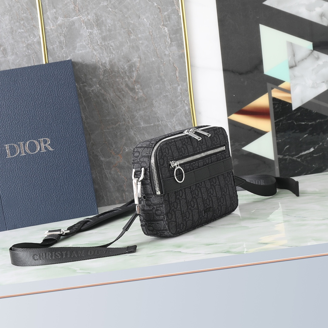 D*or safari bag with strap  black D*or oblique jacquard  8.5 x 6 x 2.5 inches
