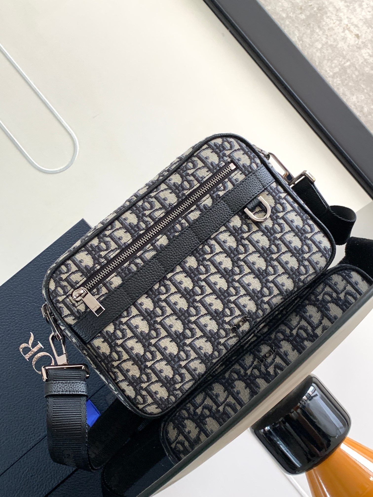D*or maxi safari bag with strap  beige and black D*or oblique jacquard