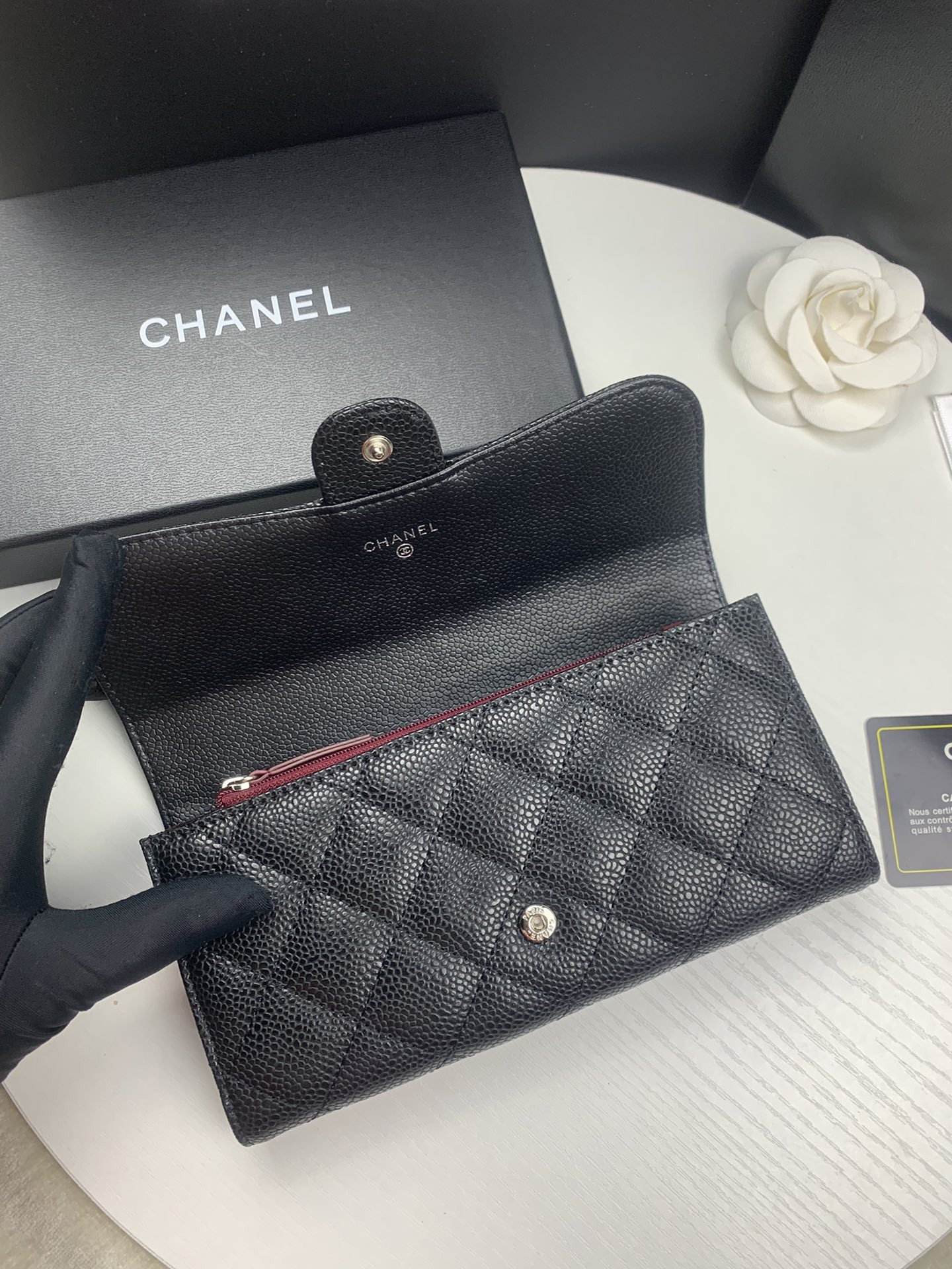 Ch*el flap wallet grained leather black 19.5 x10 cm