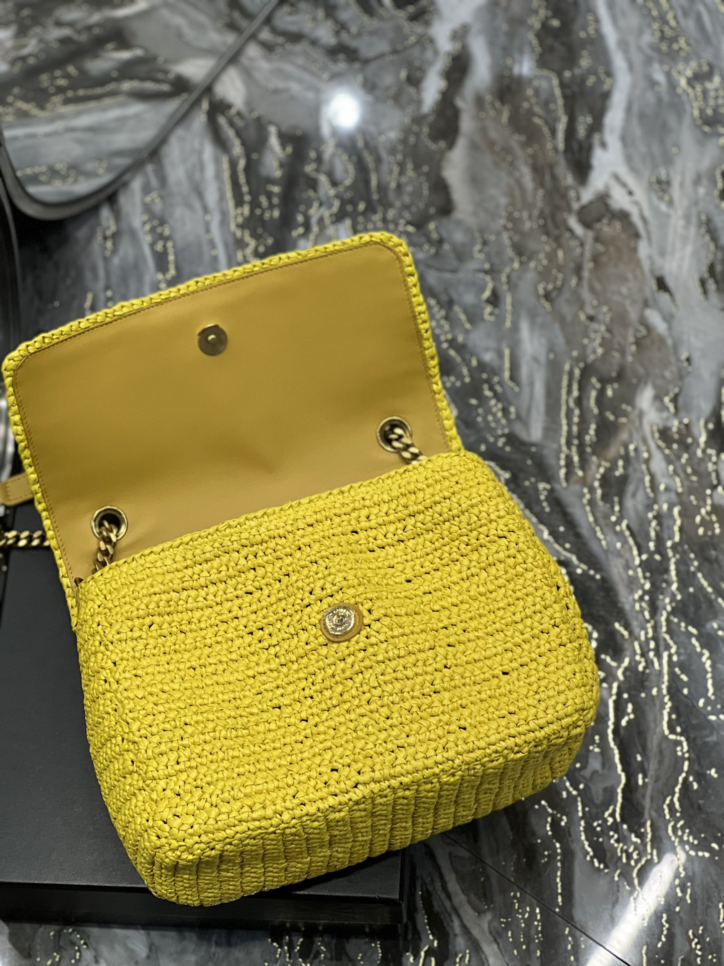 Y*L niki medium chain bag in raffia and leather yellow 11 x 7.8 x 3.3 inches