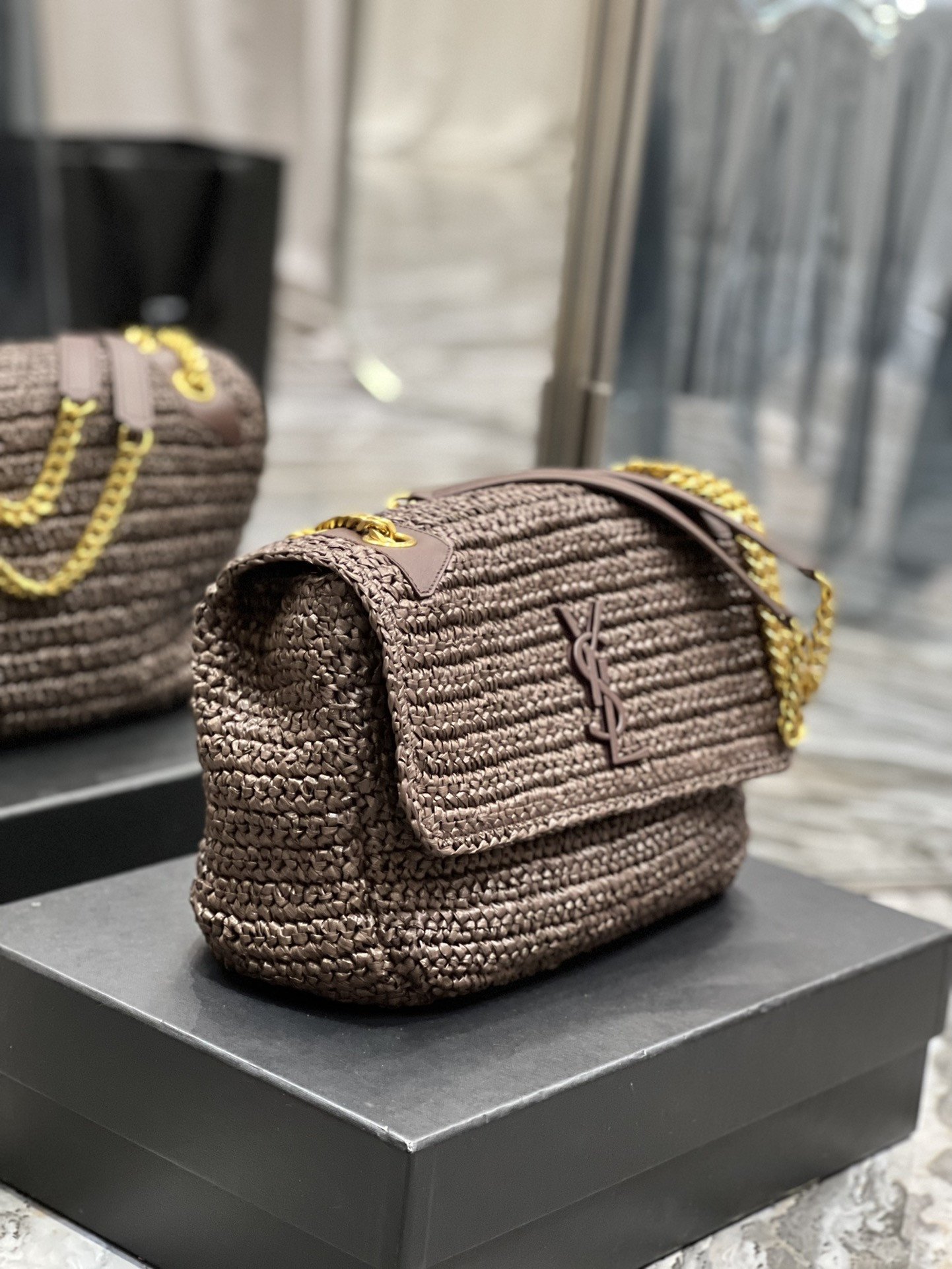 Y*L niki medium chain bag in raffia and leather coffee 11 x 7.8 x 3.3 inches