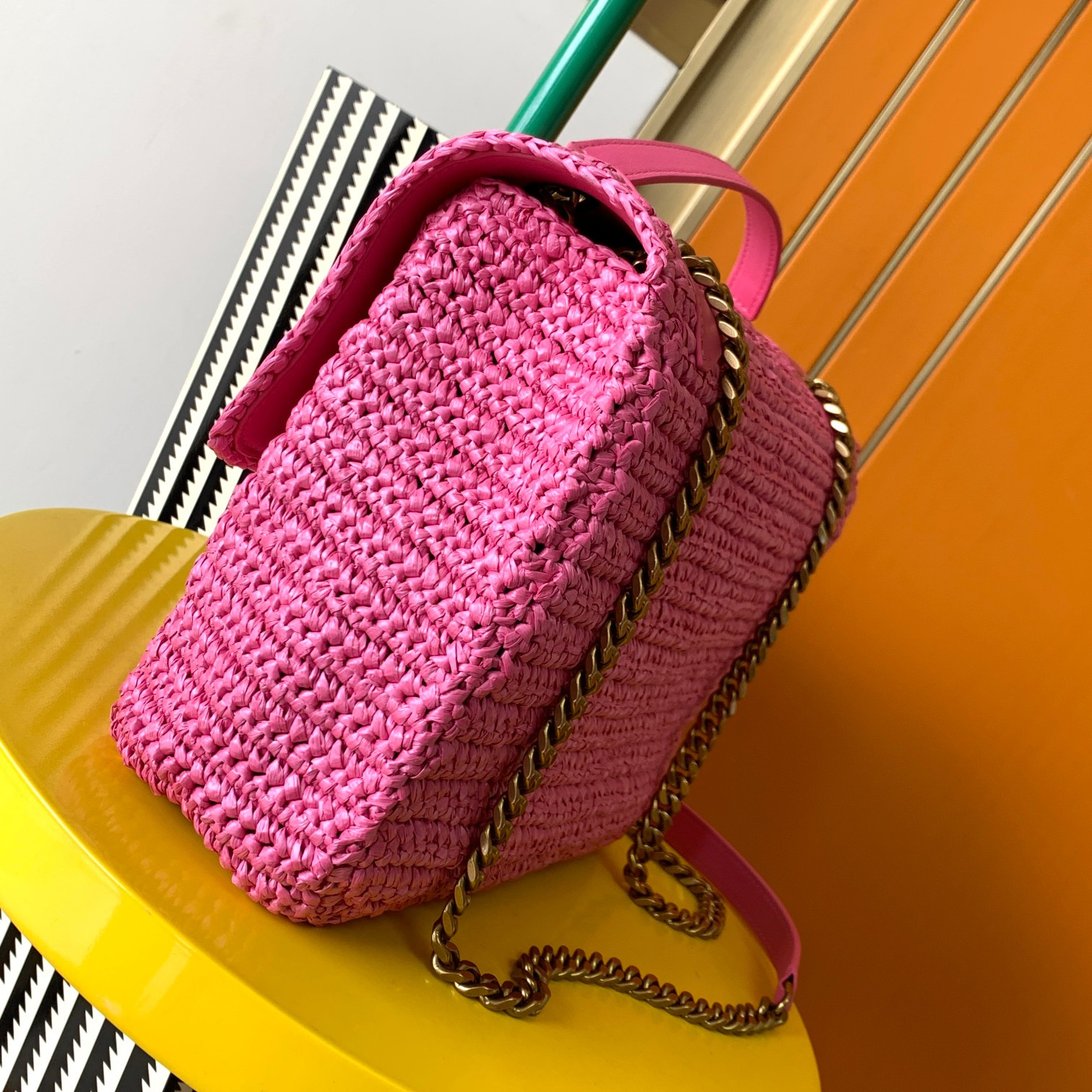 Y*L niki medium chain bag in raffia and leather 11 x 7.8 x 3.3 inches