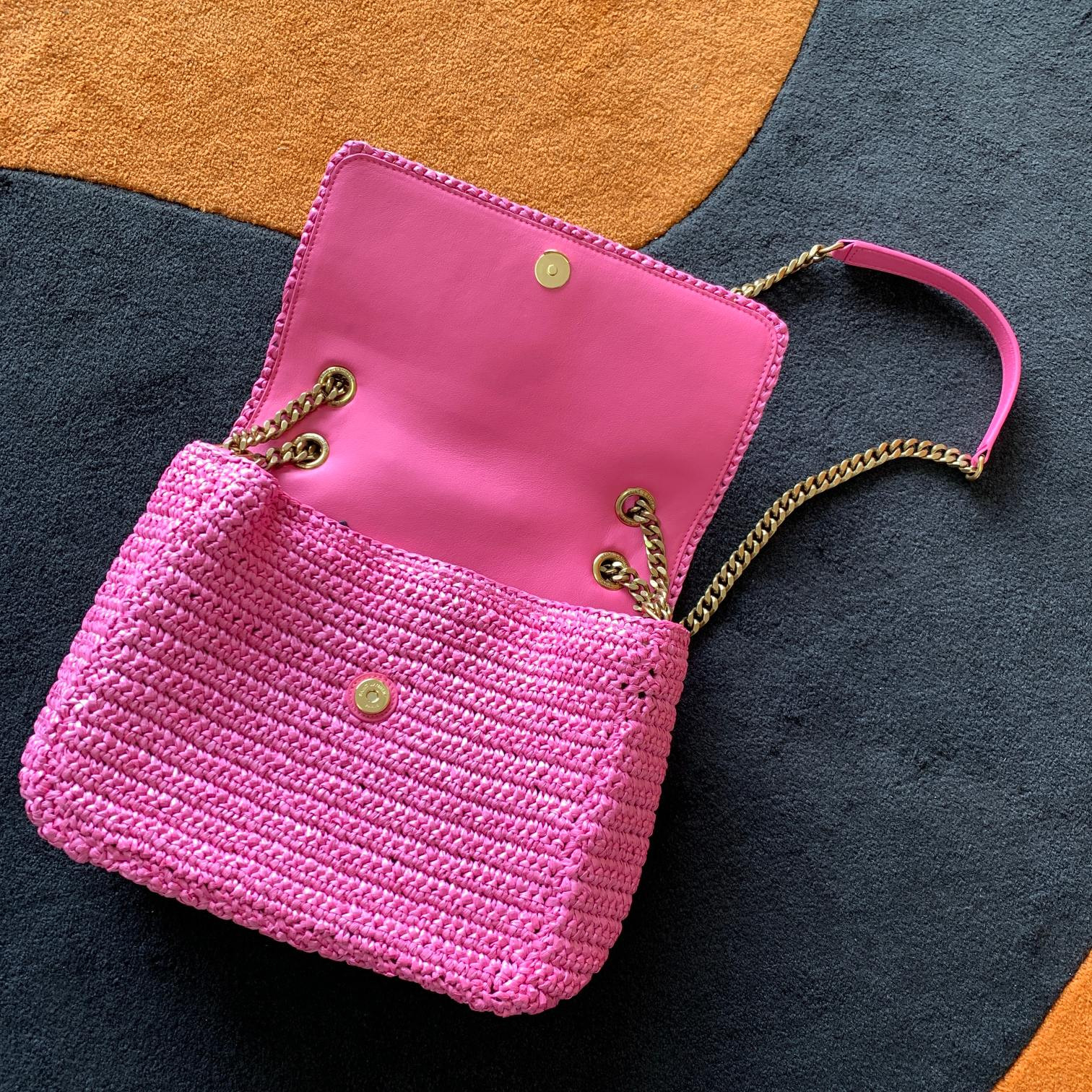 Y*L niki medium chain bag in raffia and leather 11 x 7.8 x 3.3 inches