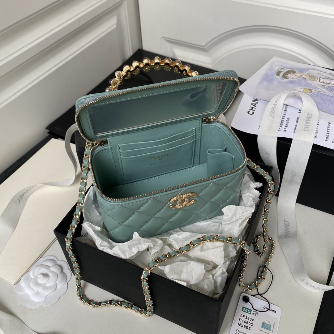 Ch*el 24p chain leather square box shoulder bag blue 16x10x8cm