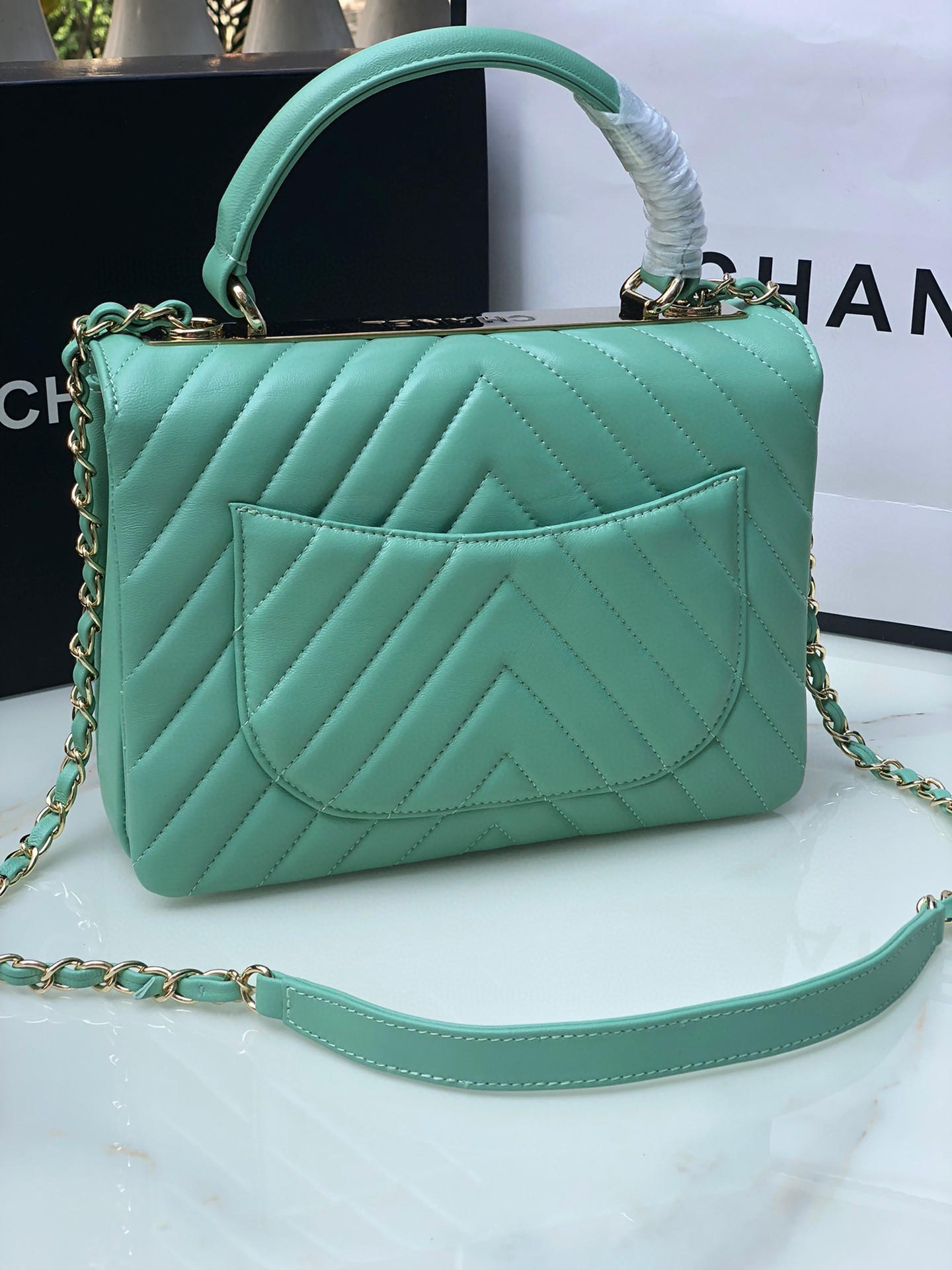 Ch*el flap bag with top handle blue silver 6.6 × 9.8 × 4.7 in