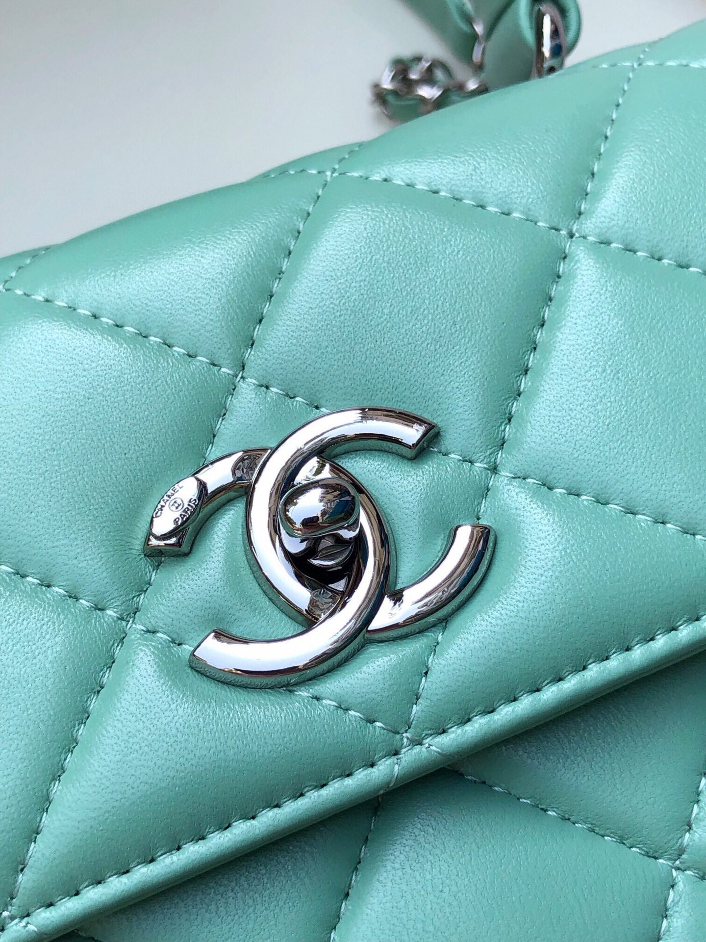 Ch*el flap bag with top handle 6.6 × 9.8 × 4.7 in