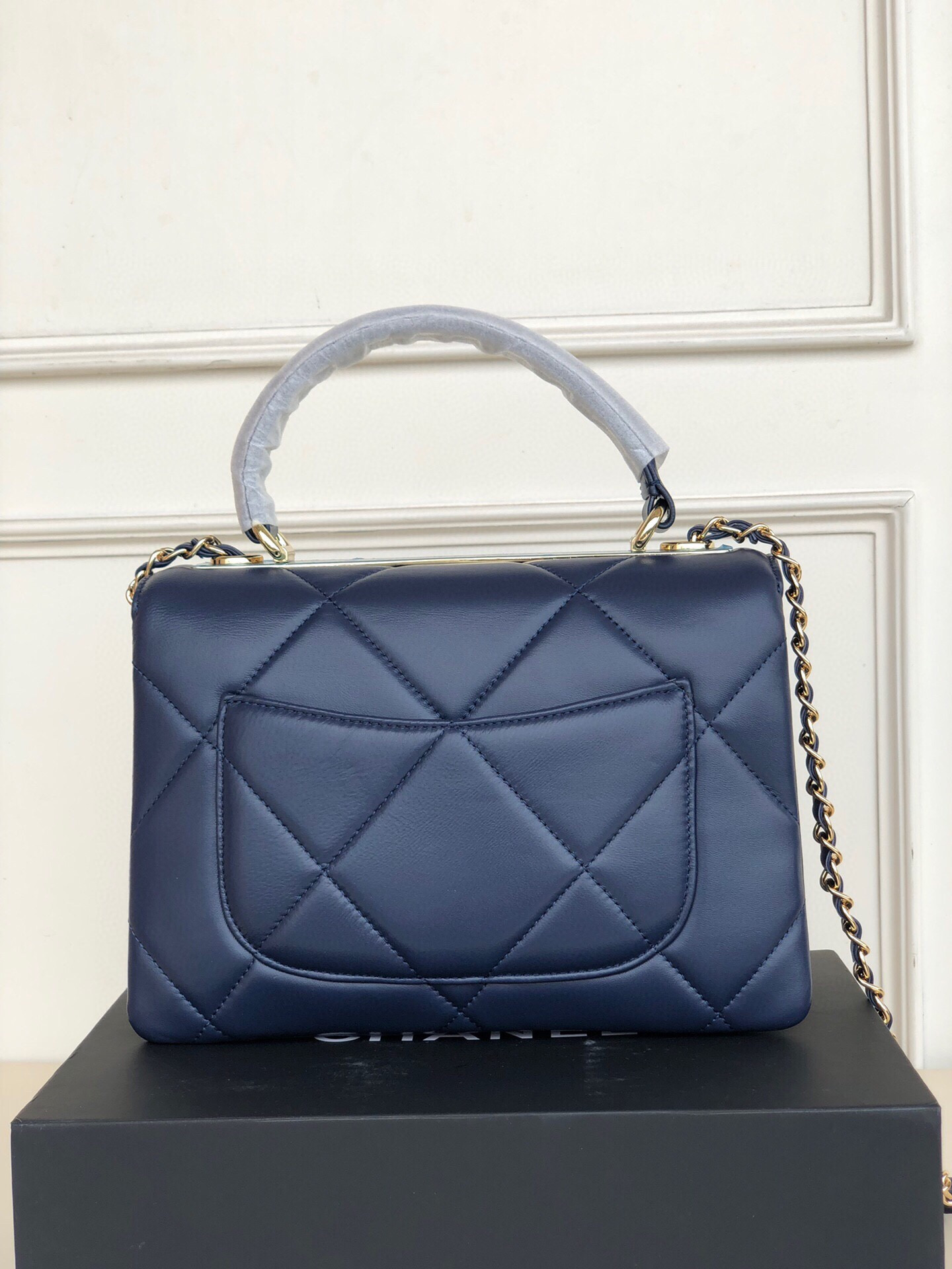 Ch*el flap bag with top handle 6.6 × 9.8 × 4.7 in
