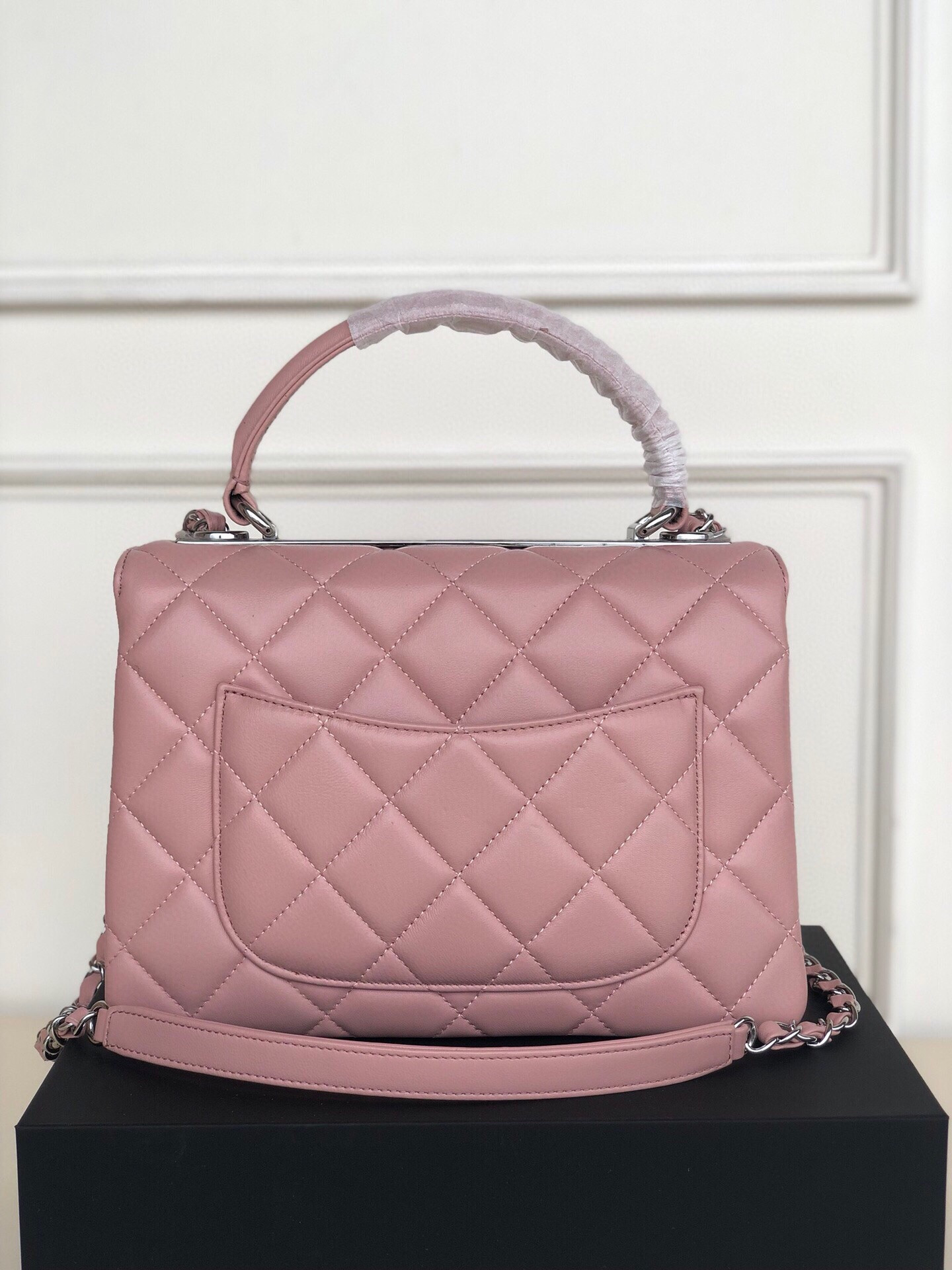 Ch*el flap bag with top handle 6.6 × 9.8 × 4.7 in