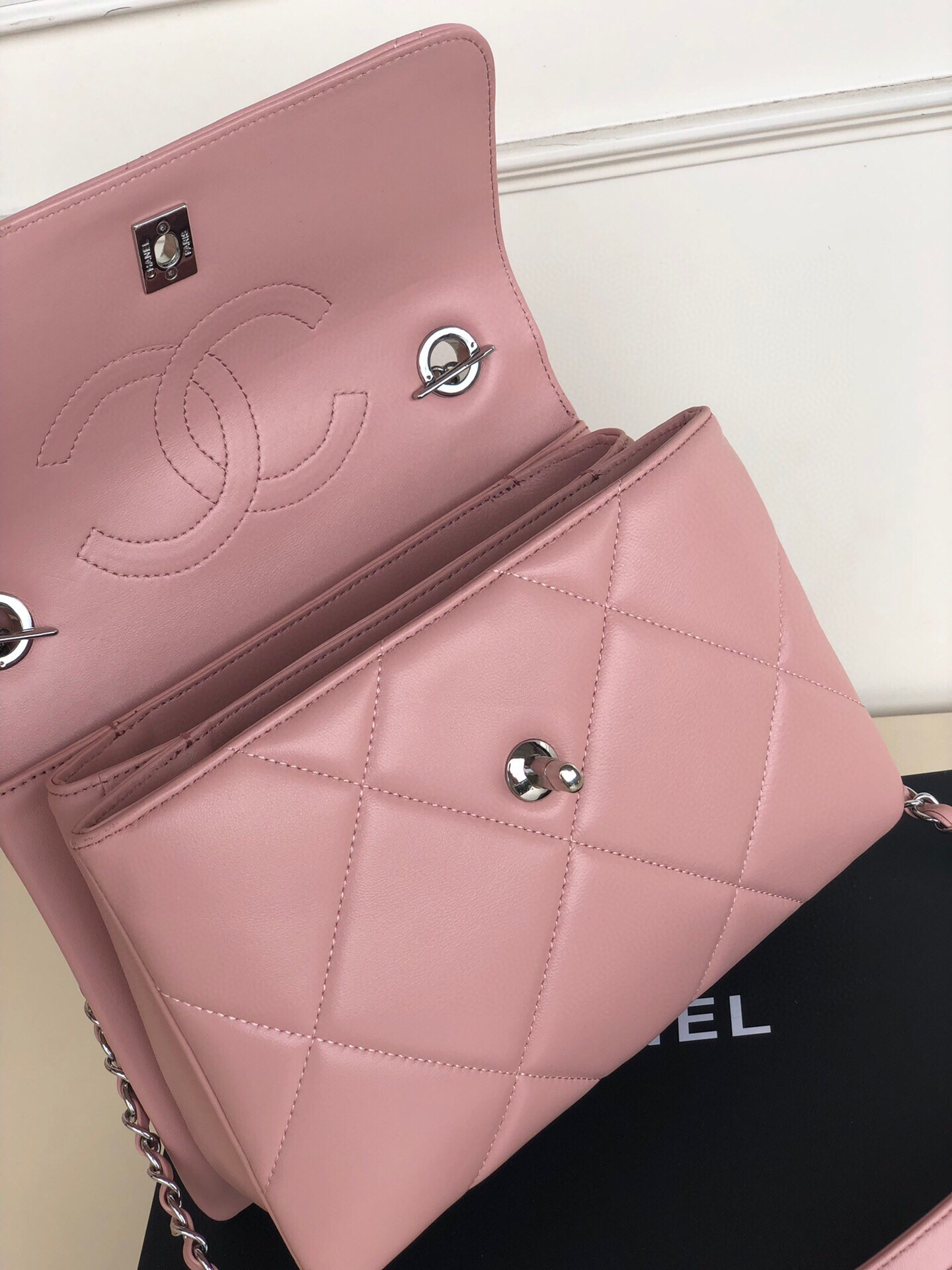 Ch*el flap bag with top handle 6.6 × 9.8 × 4.7 in