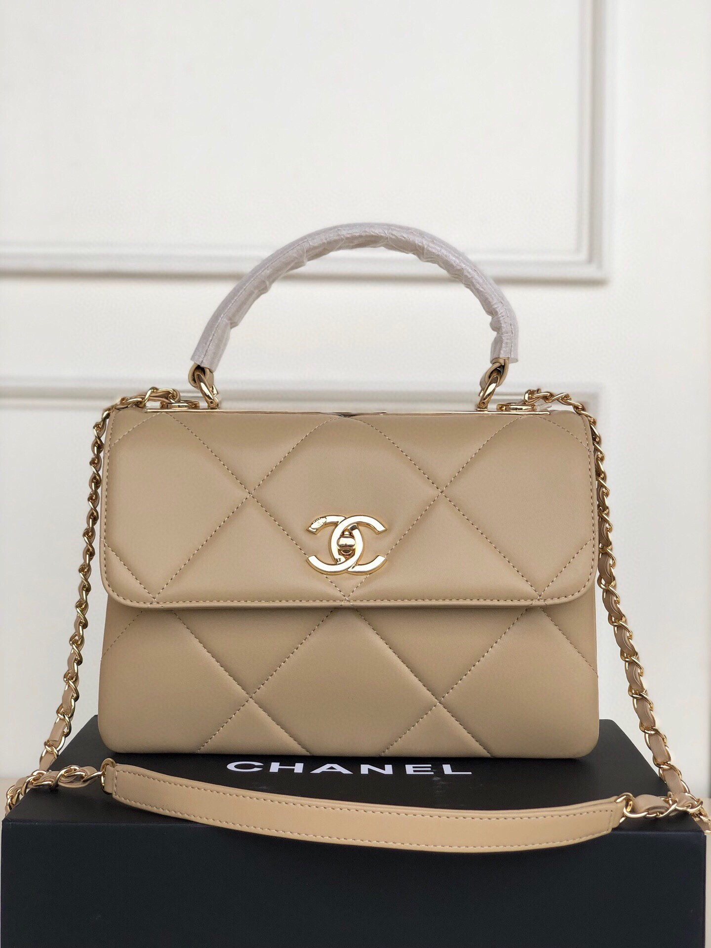 Ch*el flap bag with top handle 6.6 × 9.8 × 4.7 in
