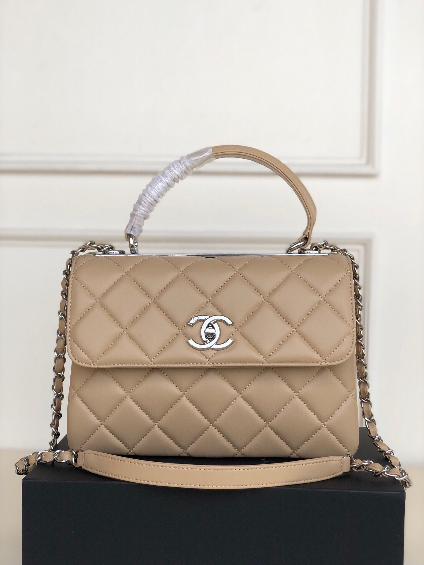 Ch*el flap bag with top handle 6.6 × 9.8 × 4.7 in