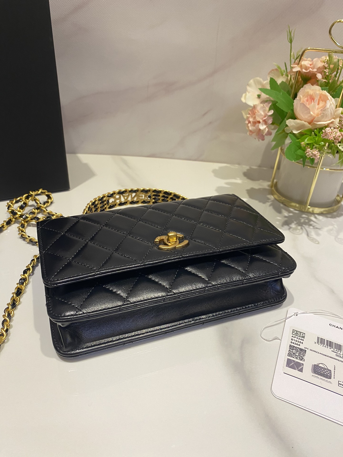 Ch*el classic wallet on chain rhinestone handle black 4.8 × 7.5 × 1.4 in