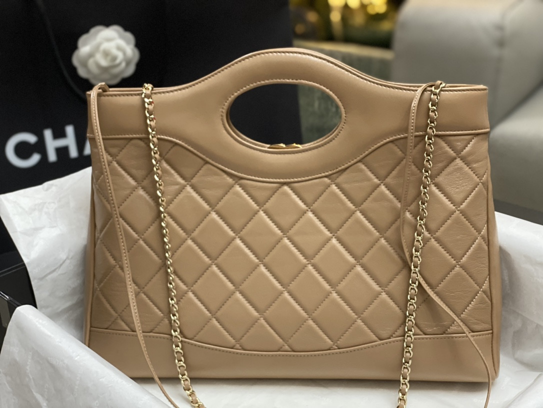 Ch*el shopping bag shiny lambskin & gold-tone metal 11.7 × 14 × 3.5 in
