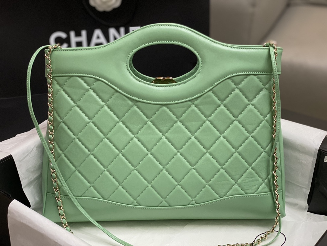 Ch*el  shopping bag shiny lambskin & gold-tone metal light green 35x39x8cm