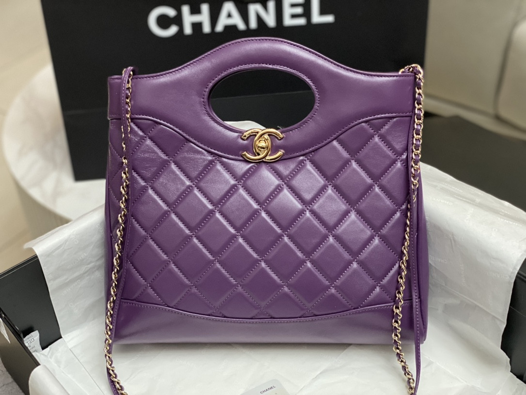 Ch*el shopping bag shiny lambskin & gold-tone metal 11.7 × 11.3 × 3.5 in