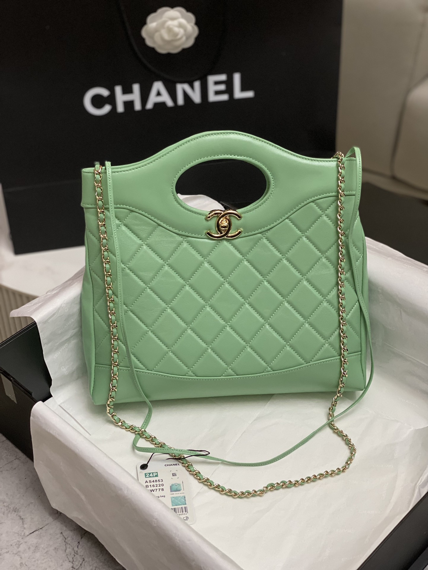 Ch*el shopping bag shiny lambskin & gold-tone metal light green 11.7 × 11.3 × 3.5 in