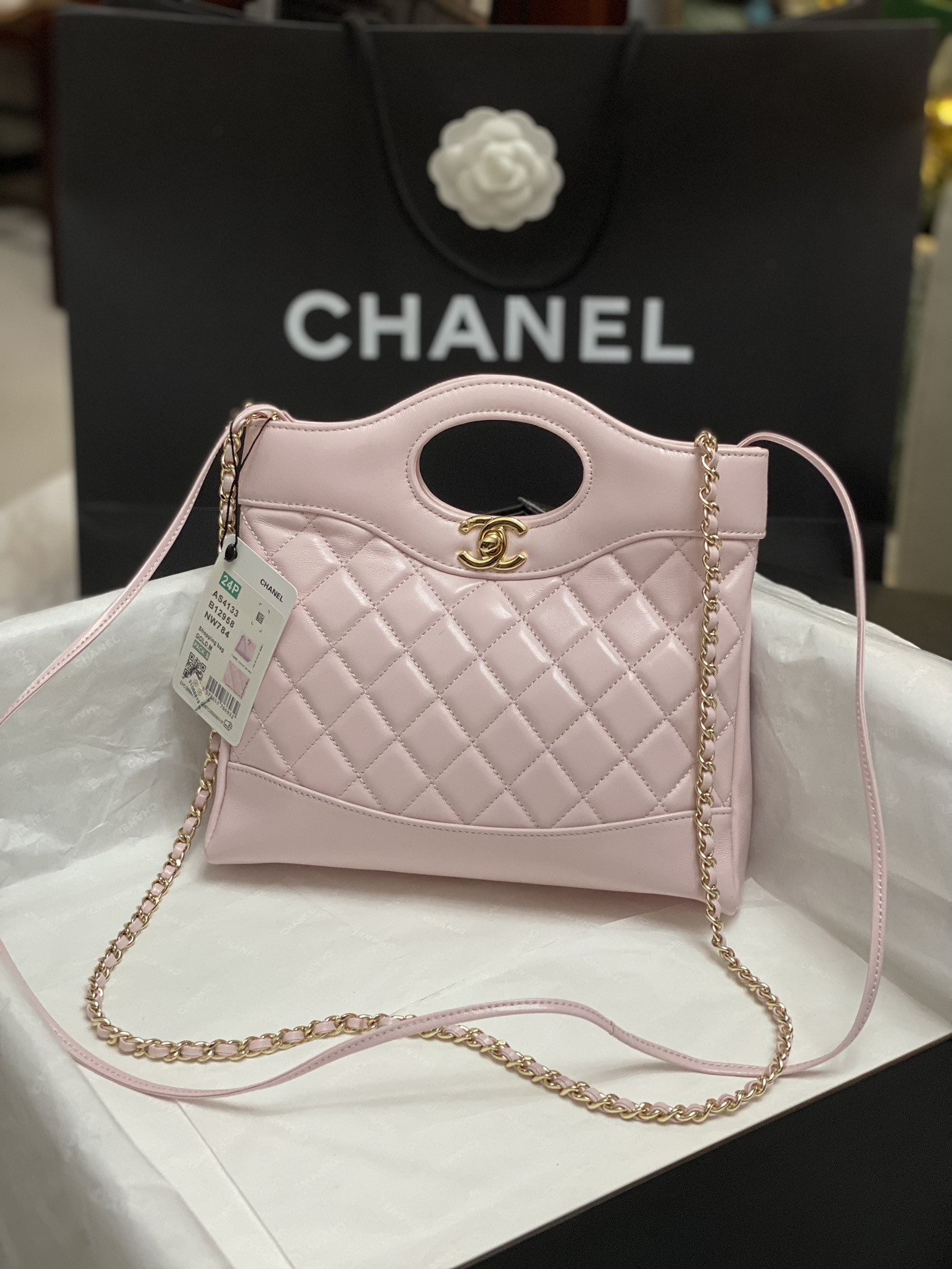 Ch*el mini shopping bag shiny lambskin & gold-tone metal 22x23x5.5cm