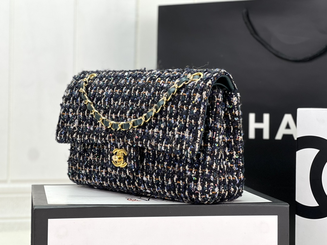 Ch*el classic 11.12 handbag tweed & gold-tone metal   6 × 9.9 × 2.5 in