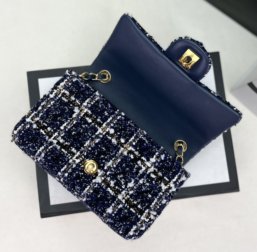 Ch*el mini classic 11.12 handbag tweed & gold-tone metal 4.7 × 7.8 × 2.3 in