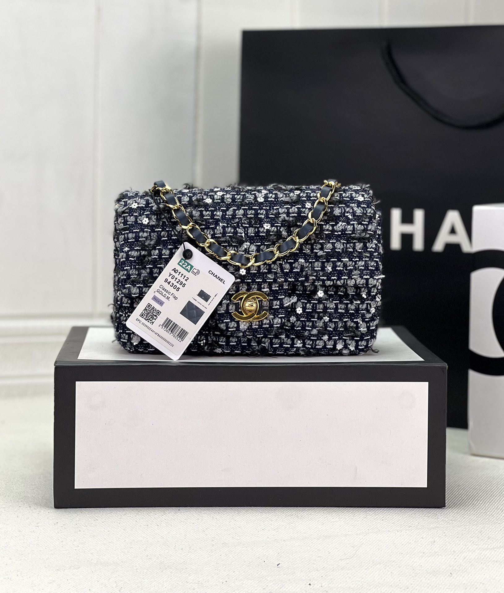 Ch*el mini classic 11.12 handbag tweed & gold-tone metal 4.7 × 7.8 × 2.3 in